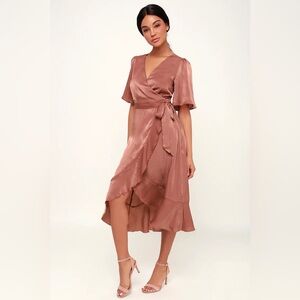 Lulus Wrapped Up In Love Mauve Satin Faux-Wrap Midi Dress